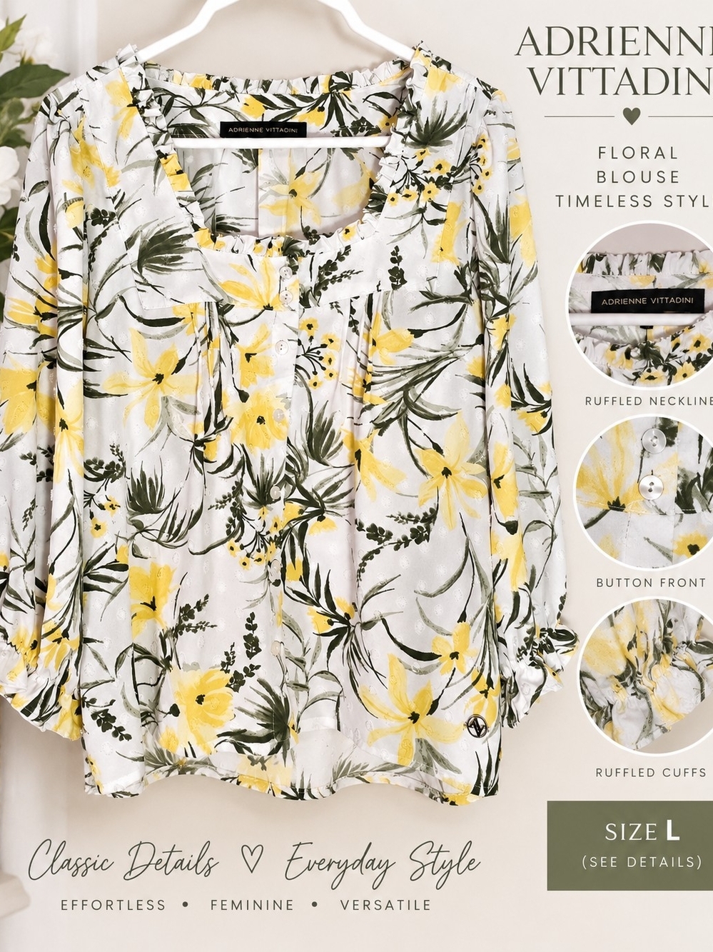 Adrienne Vittadini Floral Ruffle Blouse Yellow Olive Size L